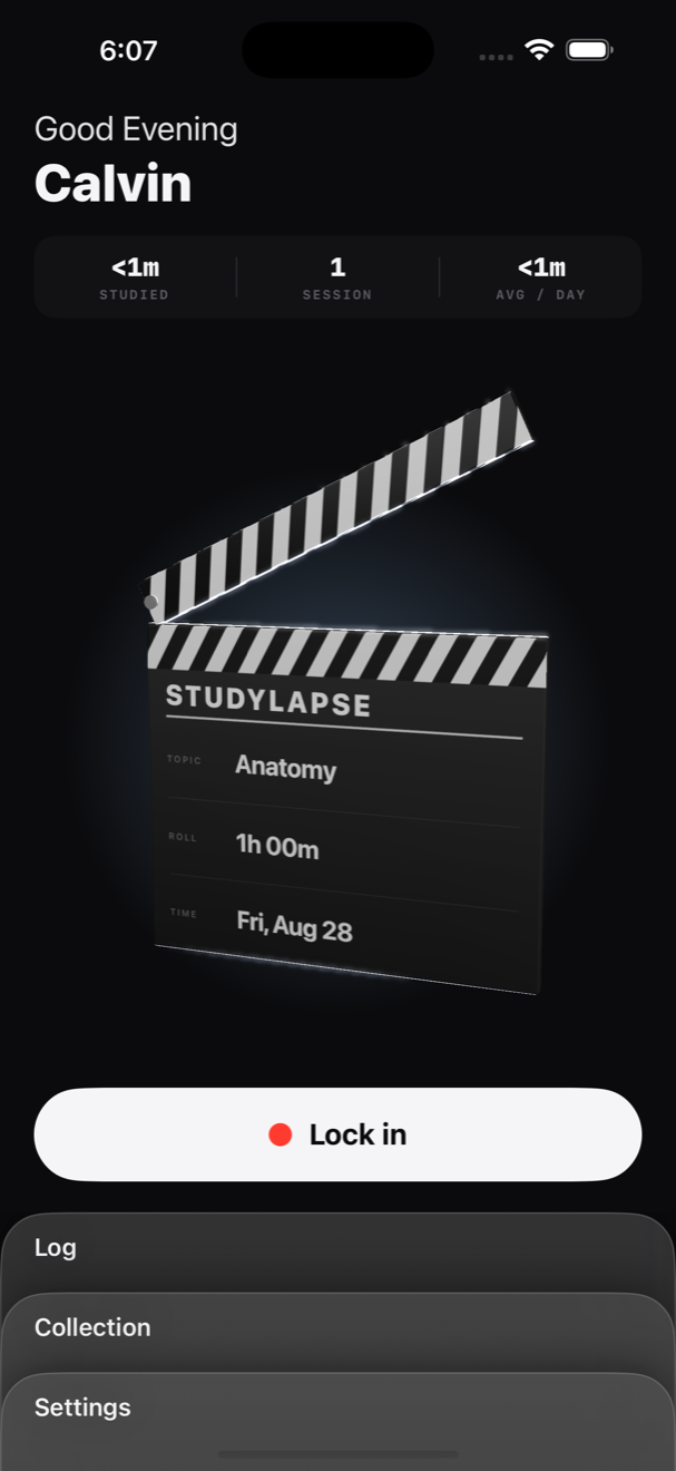 The StudyLapse home screen, showing a clapperboard slated with the subject Anatomy and a one-hour roll.